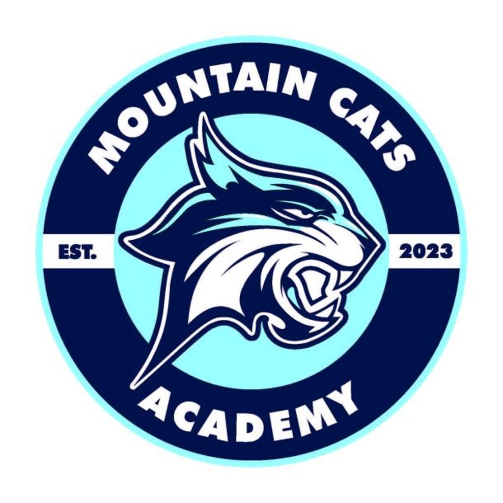 mountain cat logo with blue, white and image of a cat