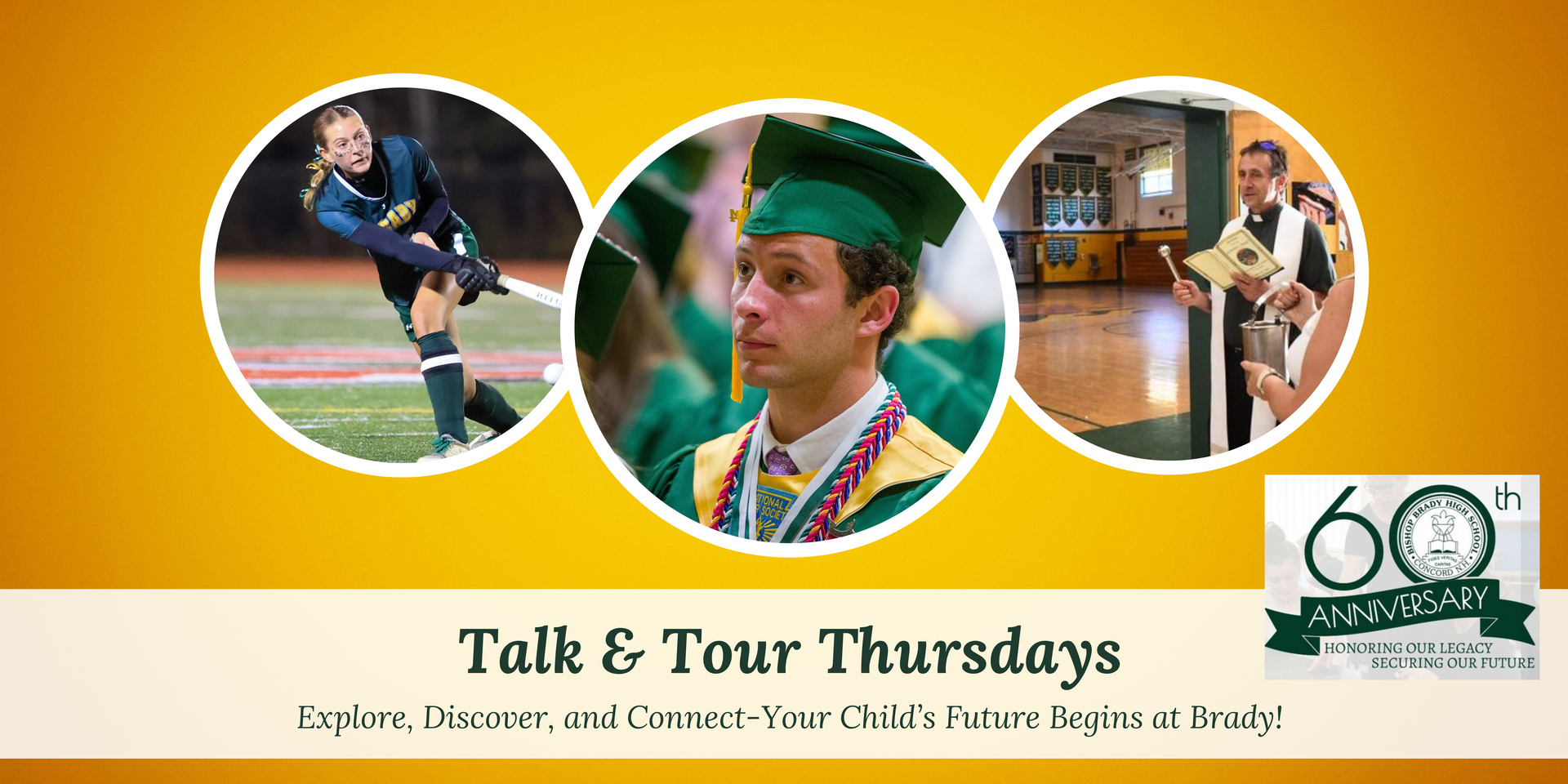 graphic with a field hockey player, student in cap and gown and a priest doing a service