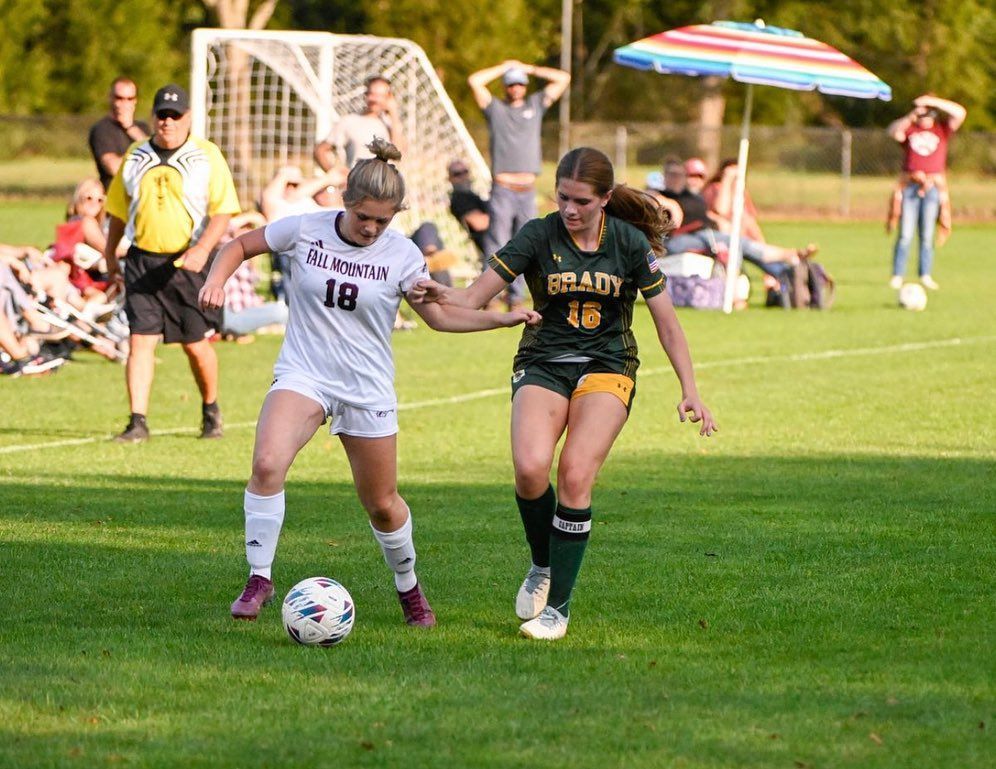 2 female soccer players on grass with goalie and spectators in background