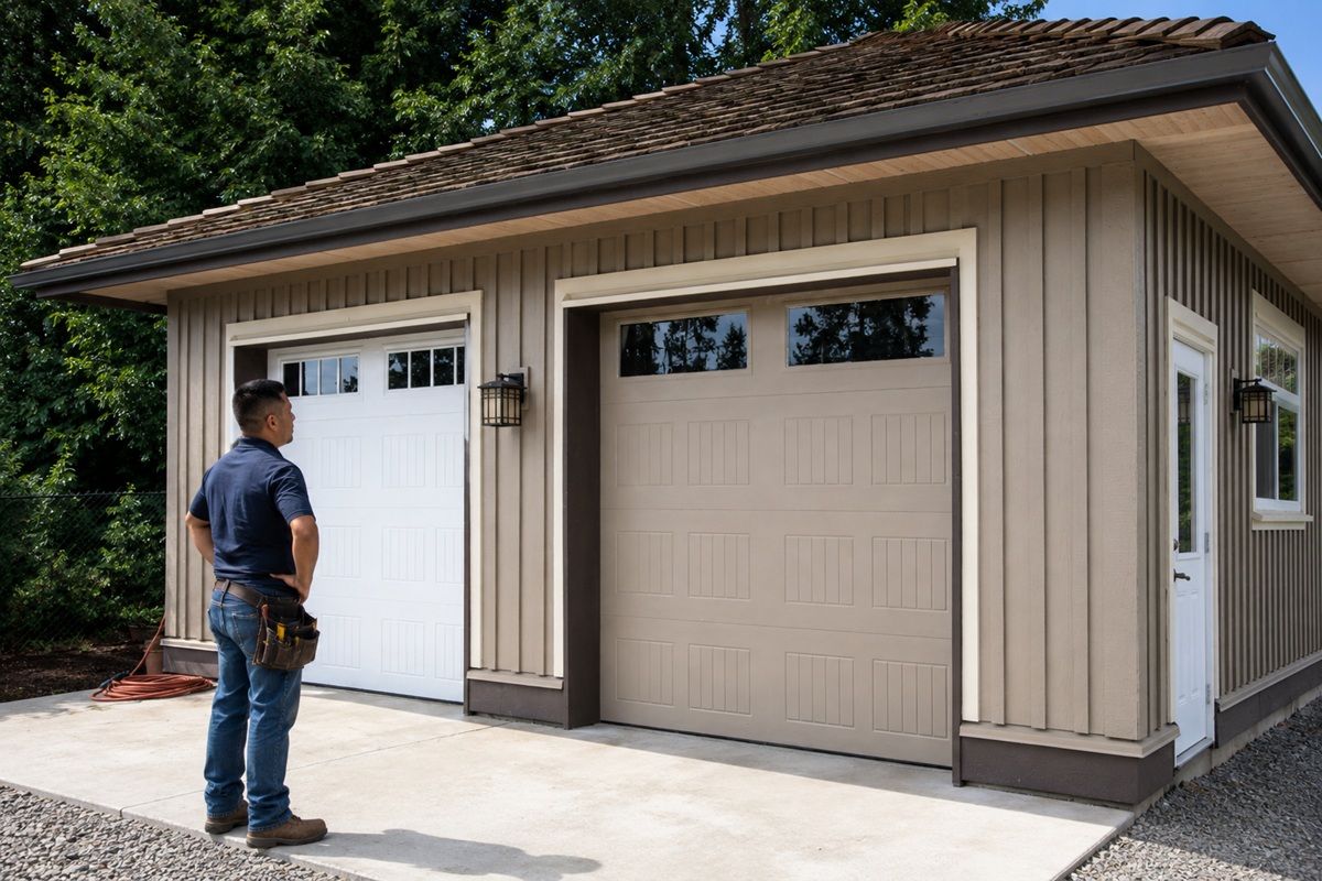Recently repaired residential garage door at a home in Tulare, CA
