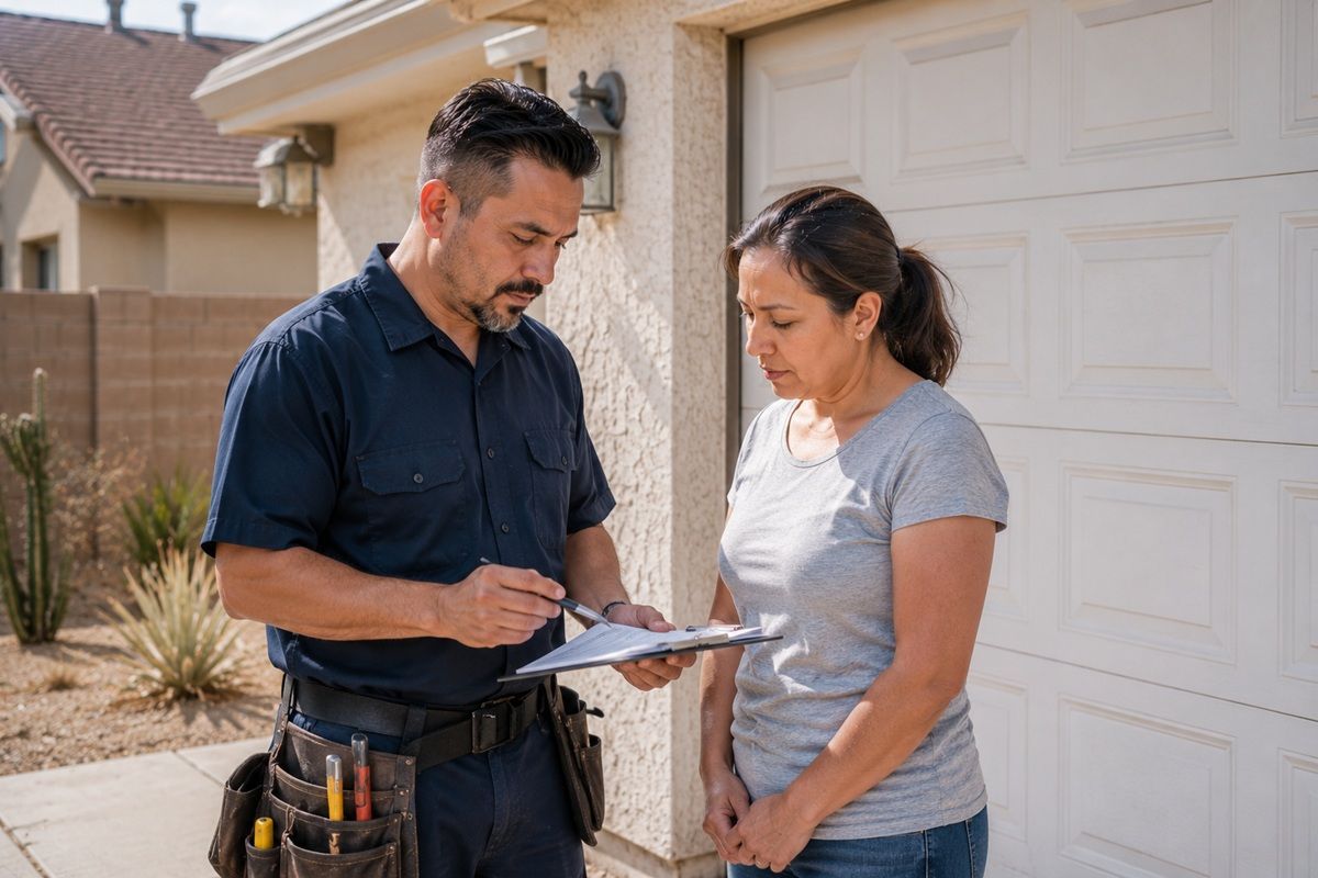 Technician reviewing a garage door repair estimate with a Tulare homeowner