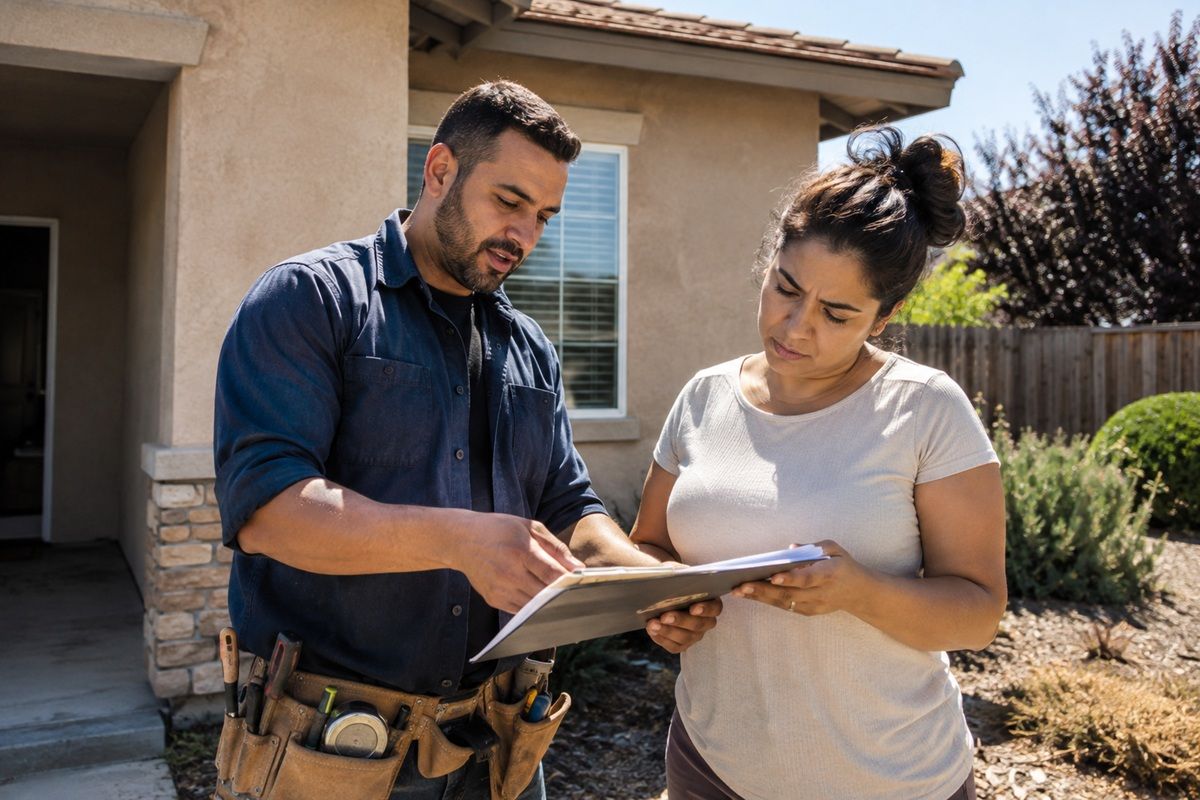 Handyman reviewing an estimate with a property owner in Tulare