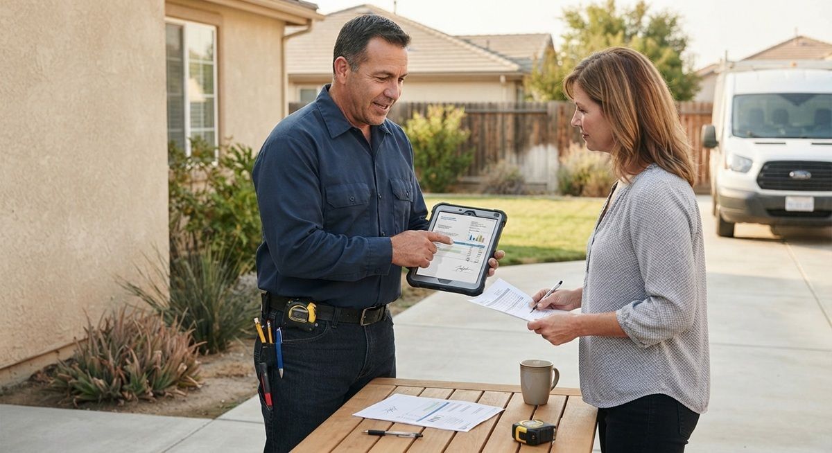 Handyman performing a final quality and safety inspection at a Tulare home