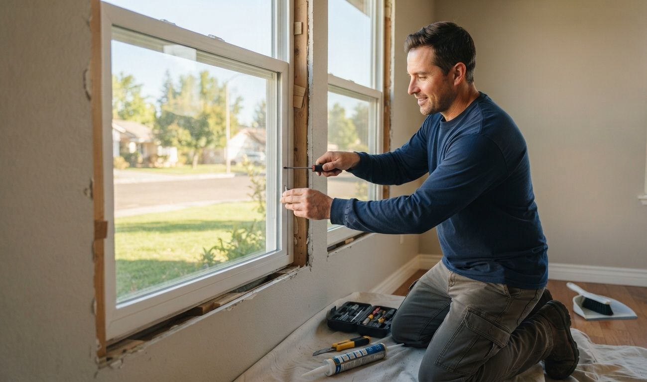 Property window repair work being completed by a handyman in Tulare
