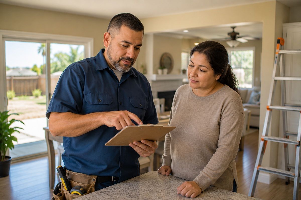 Technician discussing window replacement costs with a Tulare homeowner