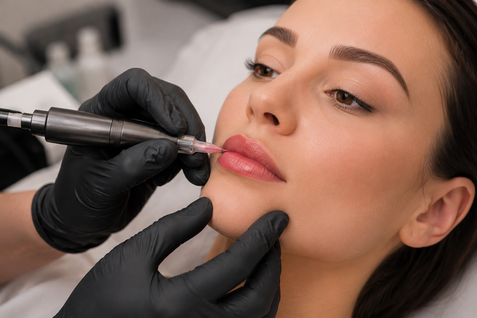 Procedura cosmetica sulle labbra eseguita con mani guantate e dispositivo portatile.