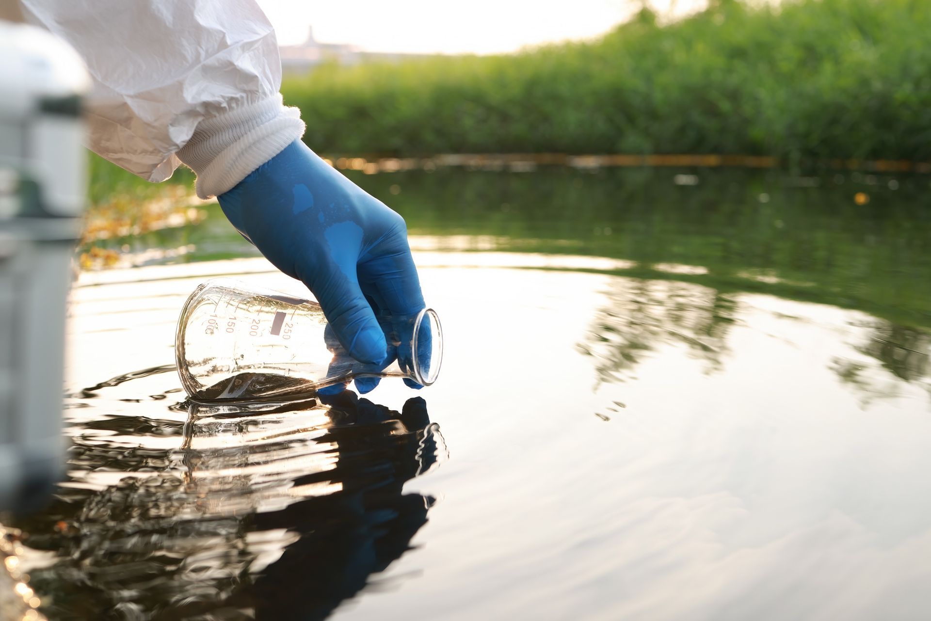 A person wearing blue gloves is taking a sample of water from a river.
