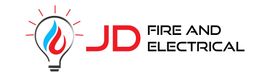 The logo for jd fire and electrical has a light bulb with a fire inside of it.