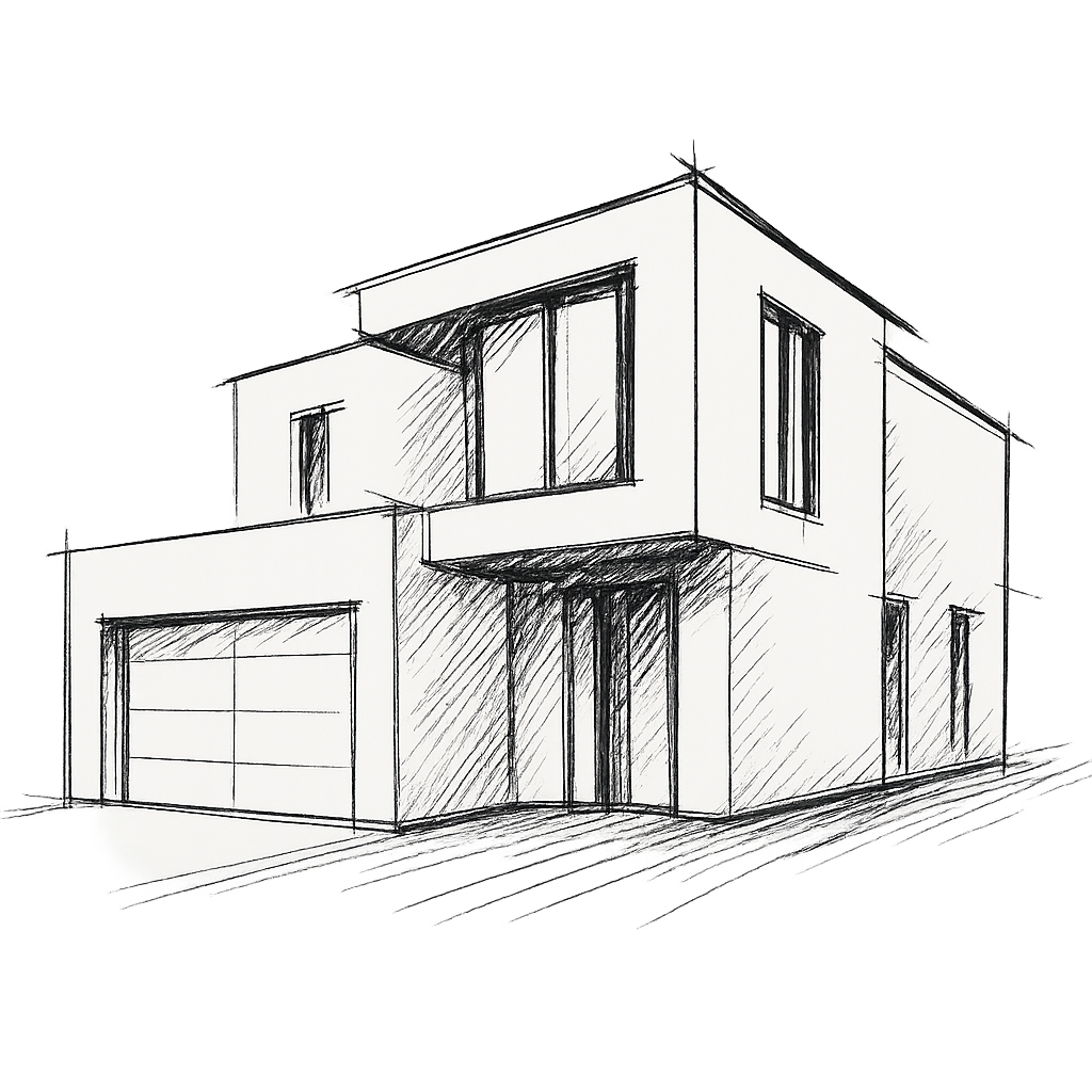 Modern two-story house sketch with garage, large windows, and covered entry.