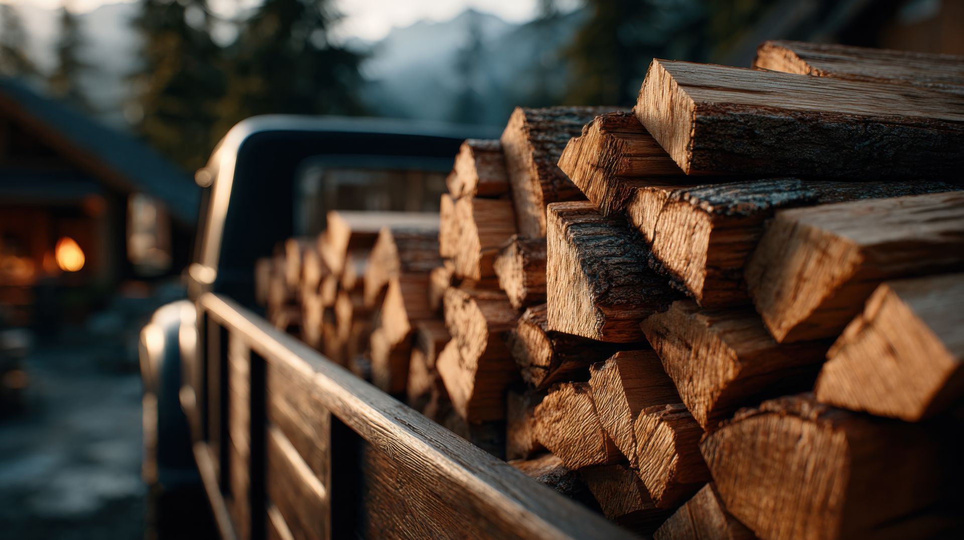 Truck bed filled with stacked firewood, cabin and trees in background.