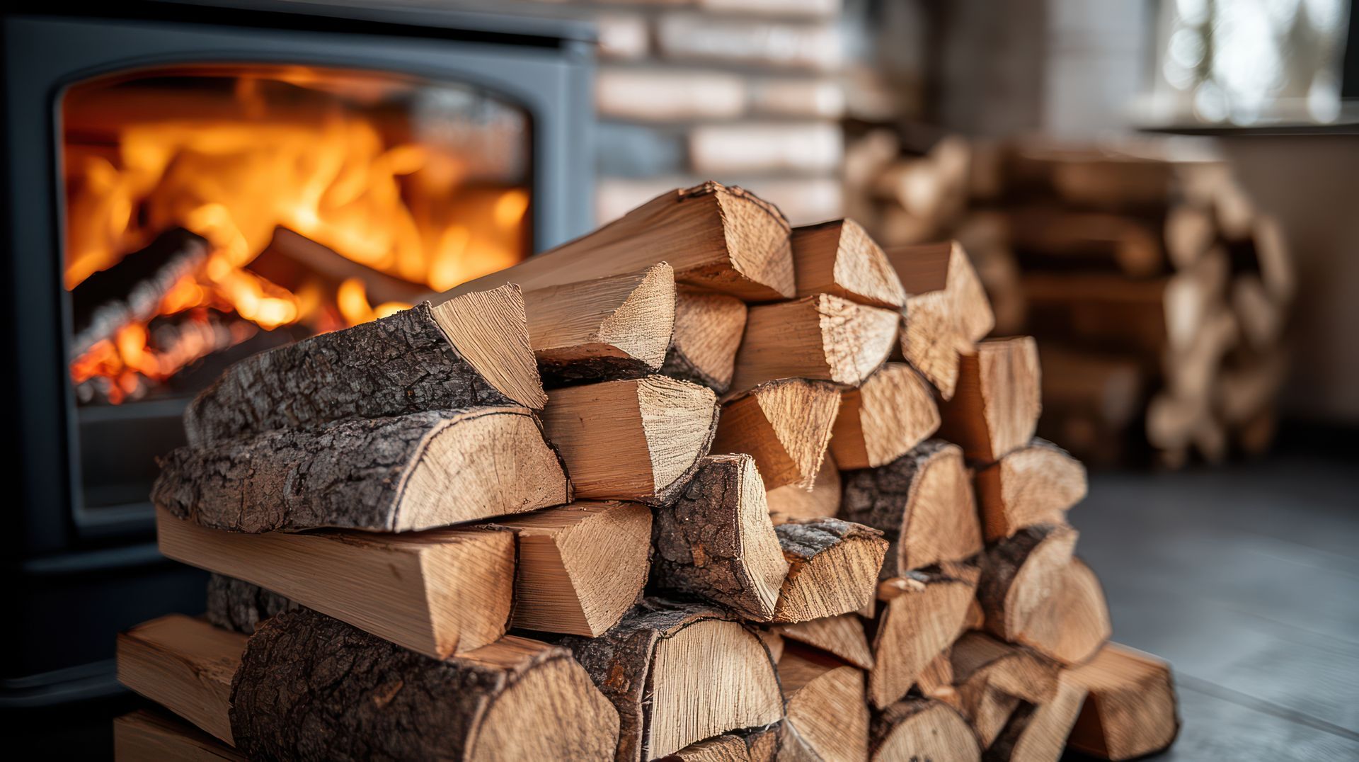 Pile of firewood in front of a lit fireplace.