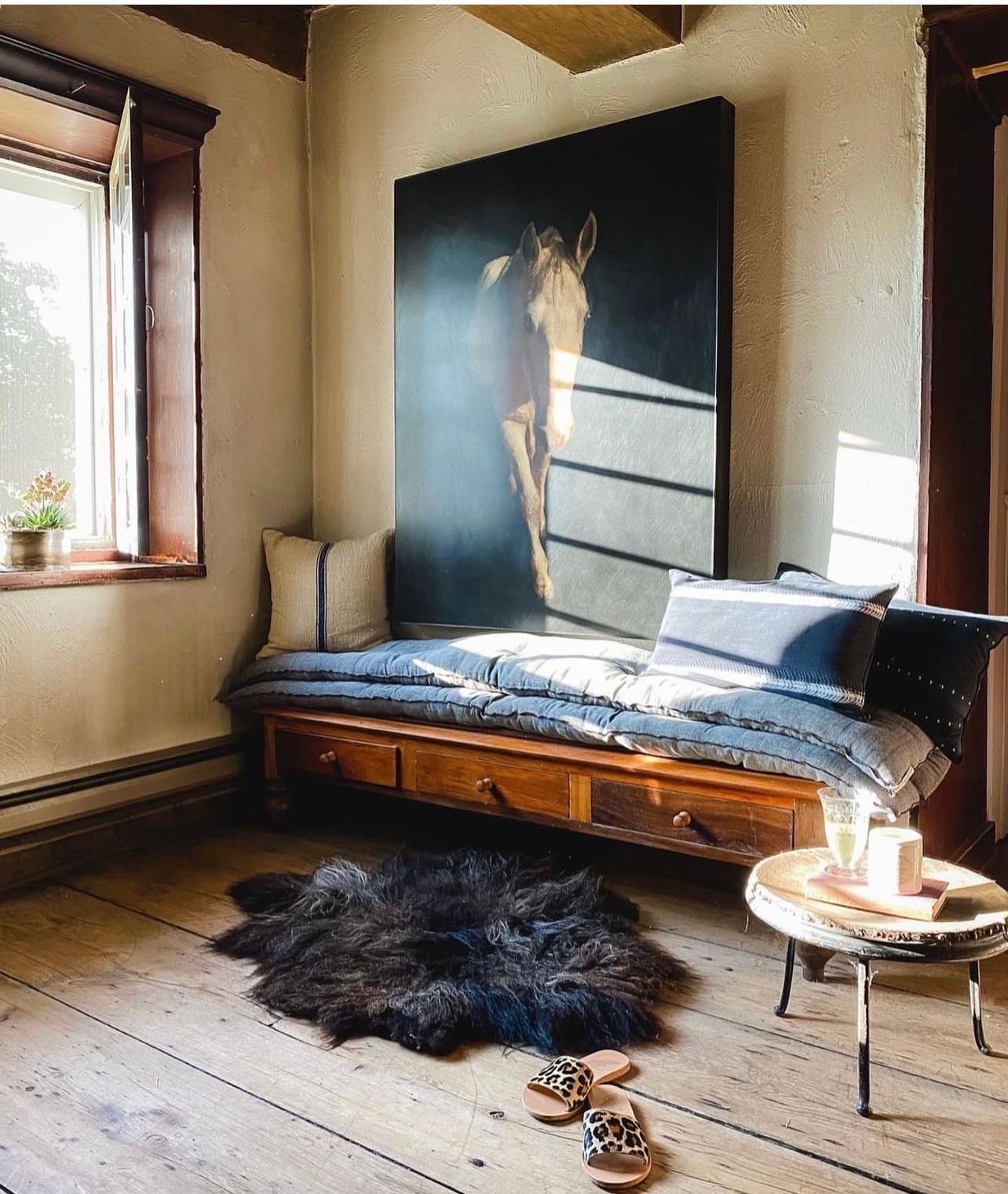 Hebridean felted fleece rug featured on wooden floorboards in a country-inspired home in Hudson Valley, New York, photographed by Diani Boutique.