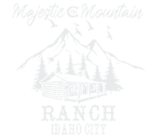 Majestic Mountain Ranch logo: cabin, mountains, trees, birds,