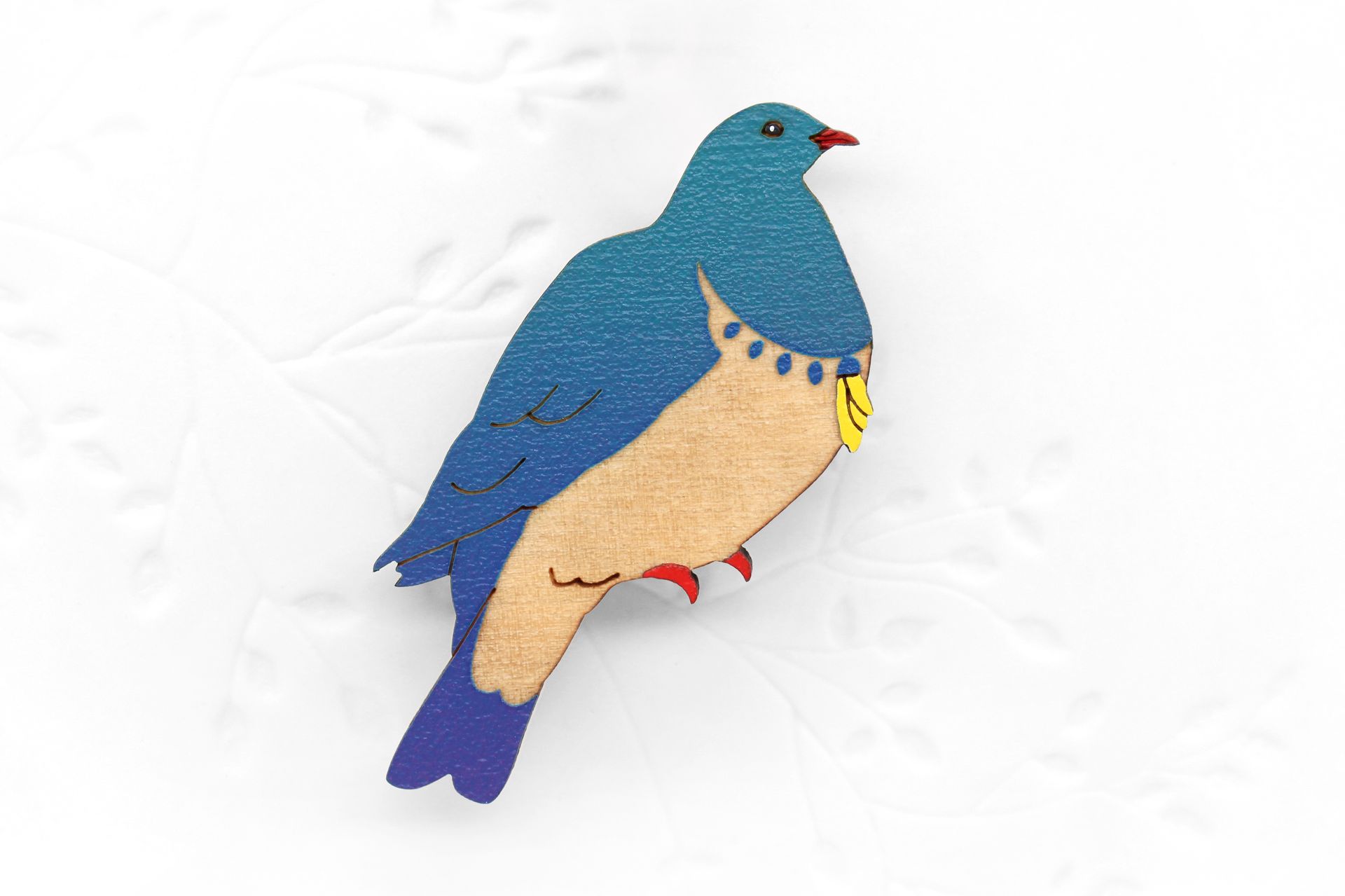 Kereru with Kowhai Flower Brooch