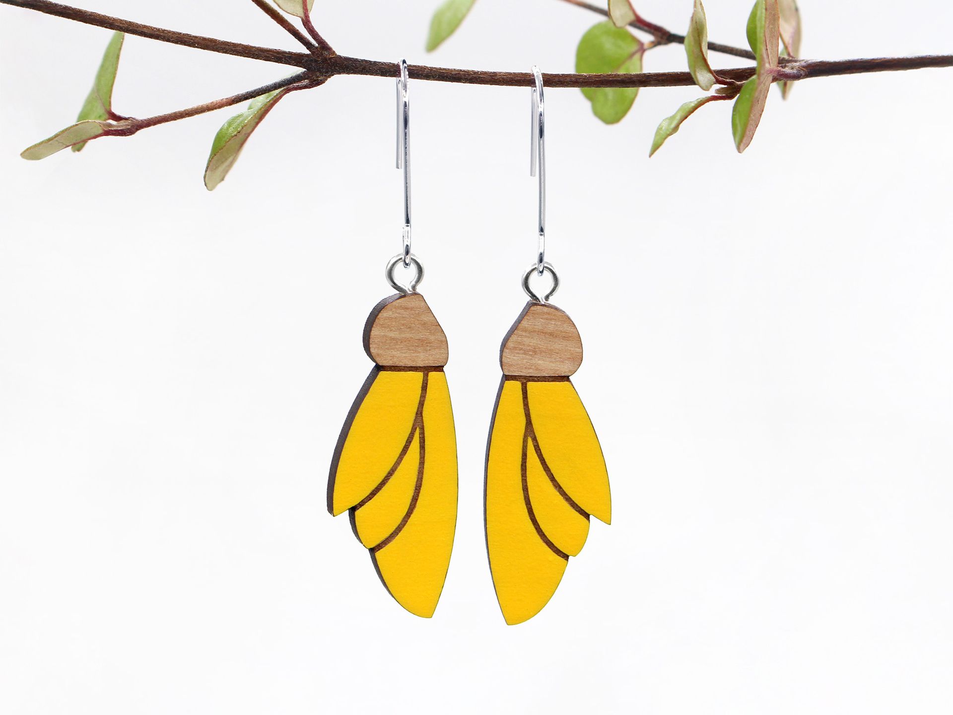 Kowhai Flower Hook Earrings - Rimu Wood