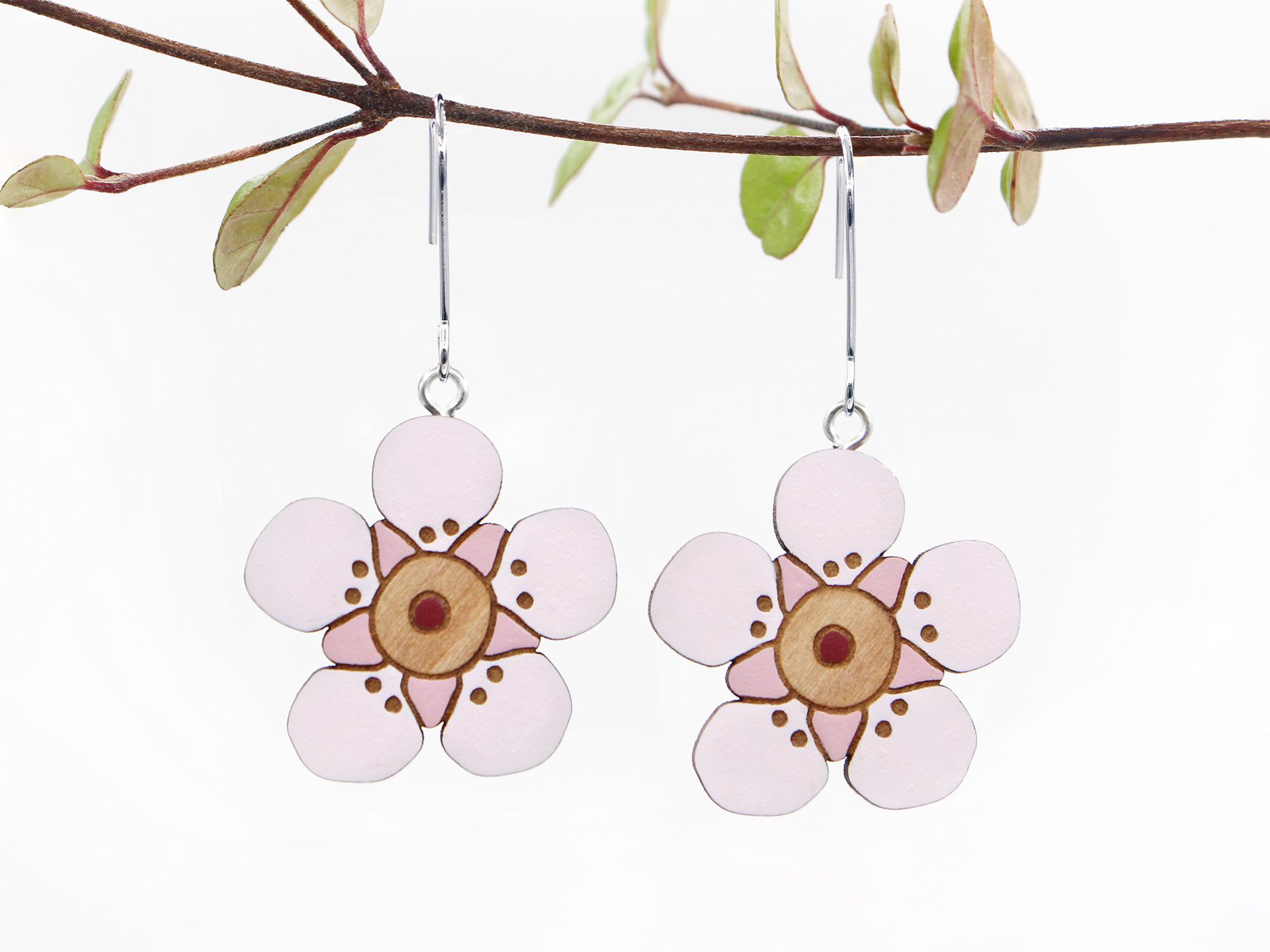 Manuka Flower Hook Earrings - Rimu Wood