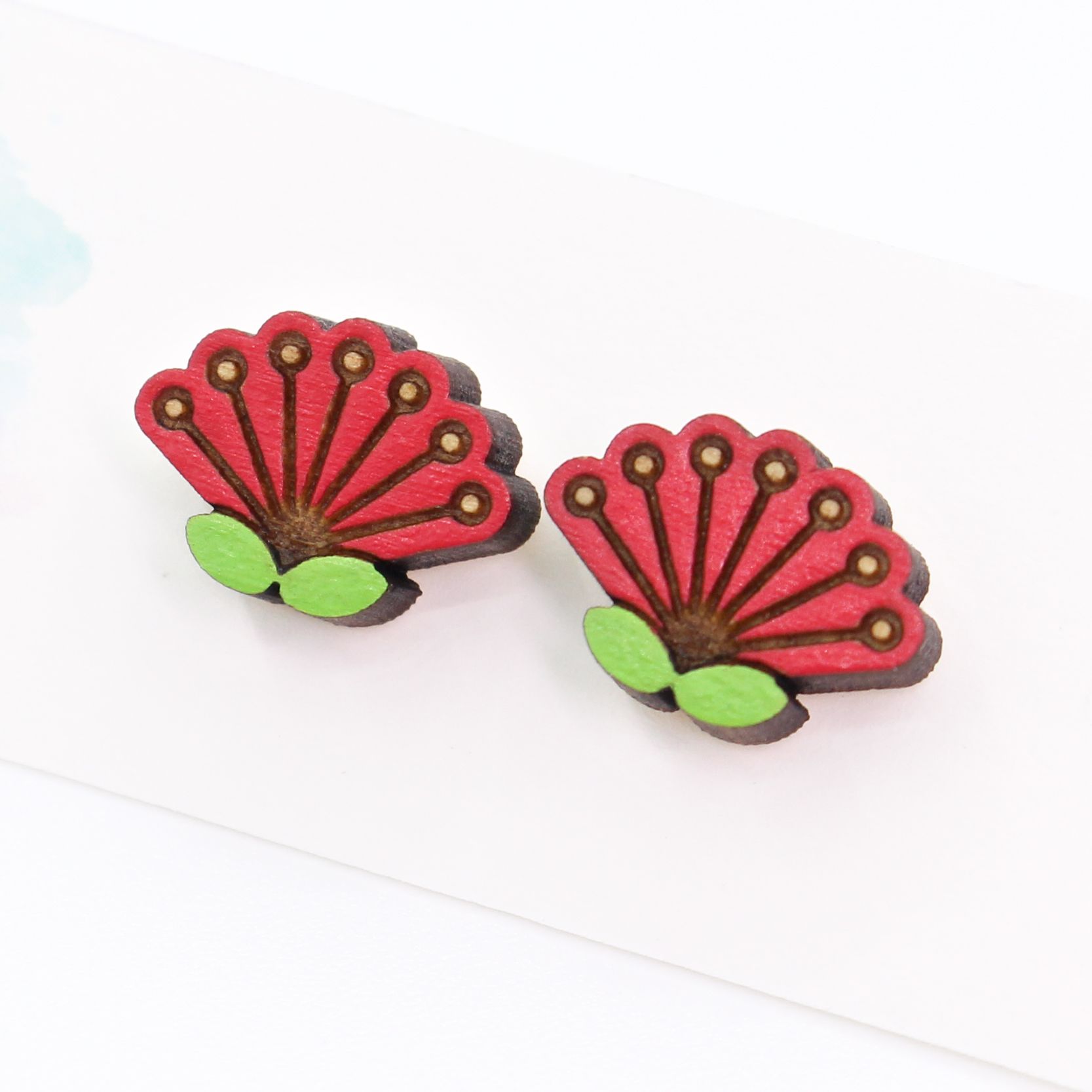Pohutukawa Flower Earrings - Rimu Wood