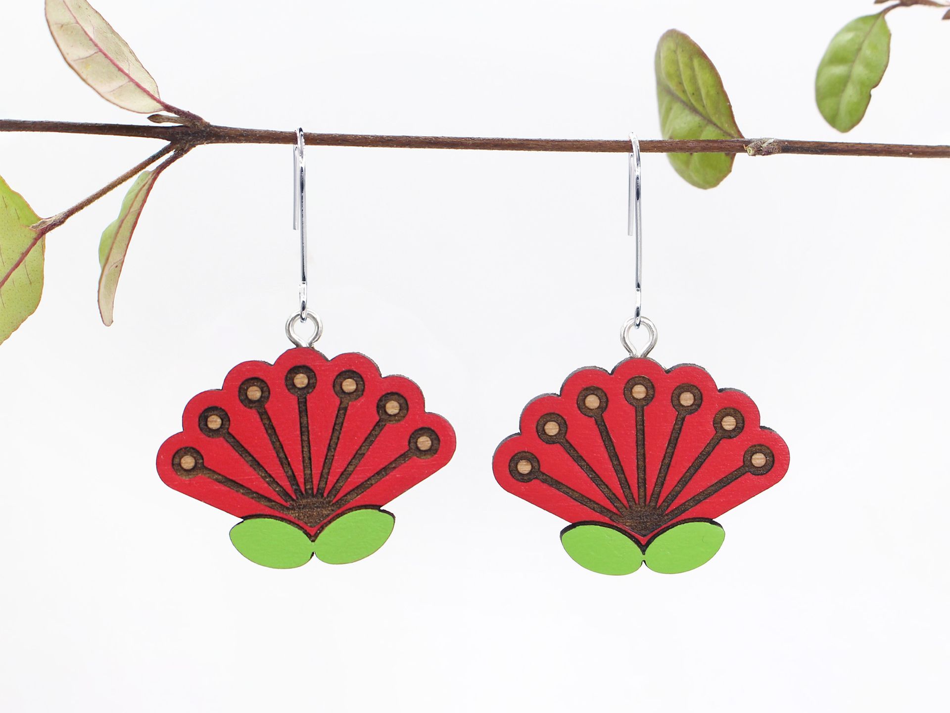Pohutukawa Flower Hook Earrings - Rimu Wood