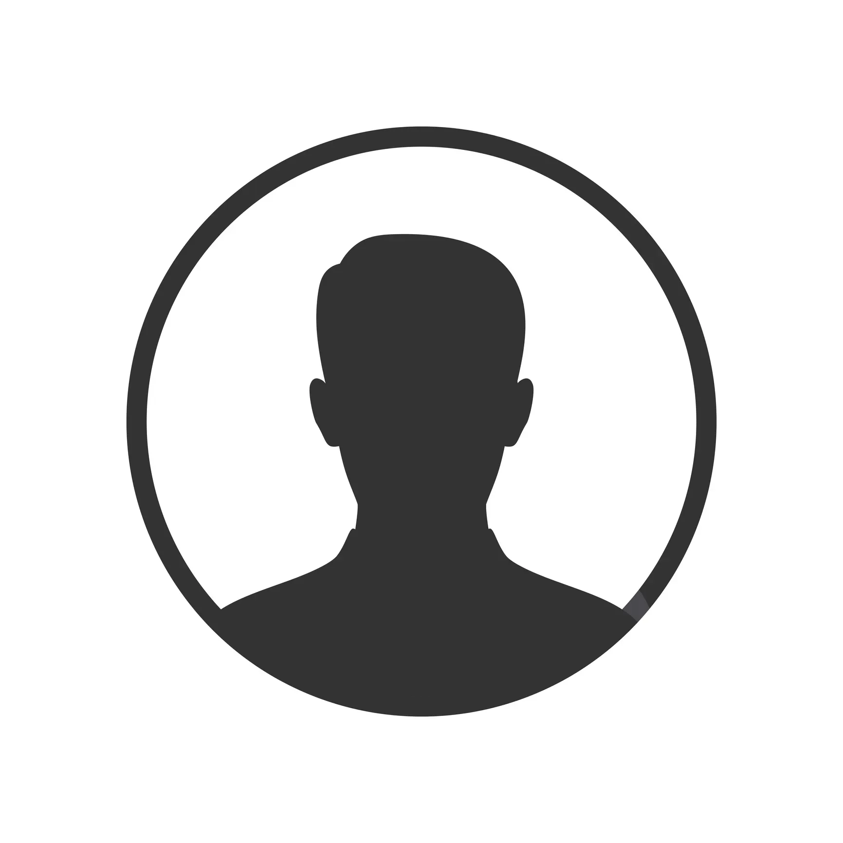 Silhouette of a person inside a black circle. Shoulder-up view; dark gray background.