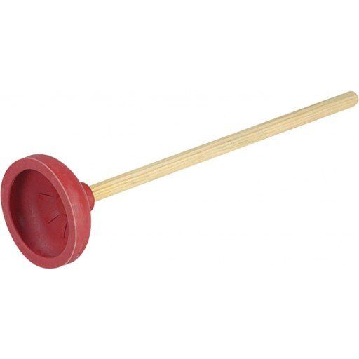 Red rubber toilet plunger with a wooden handle on a white background
