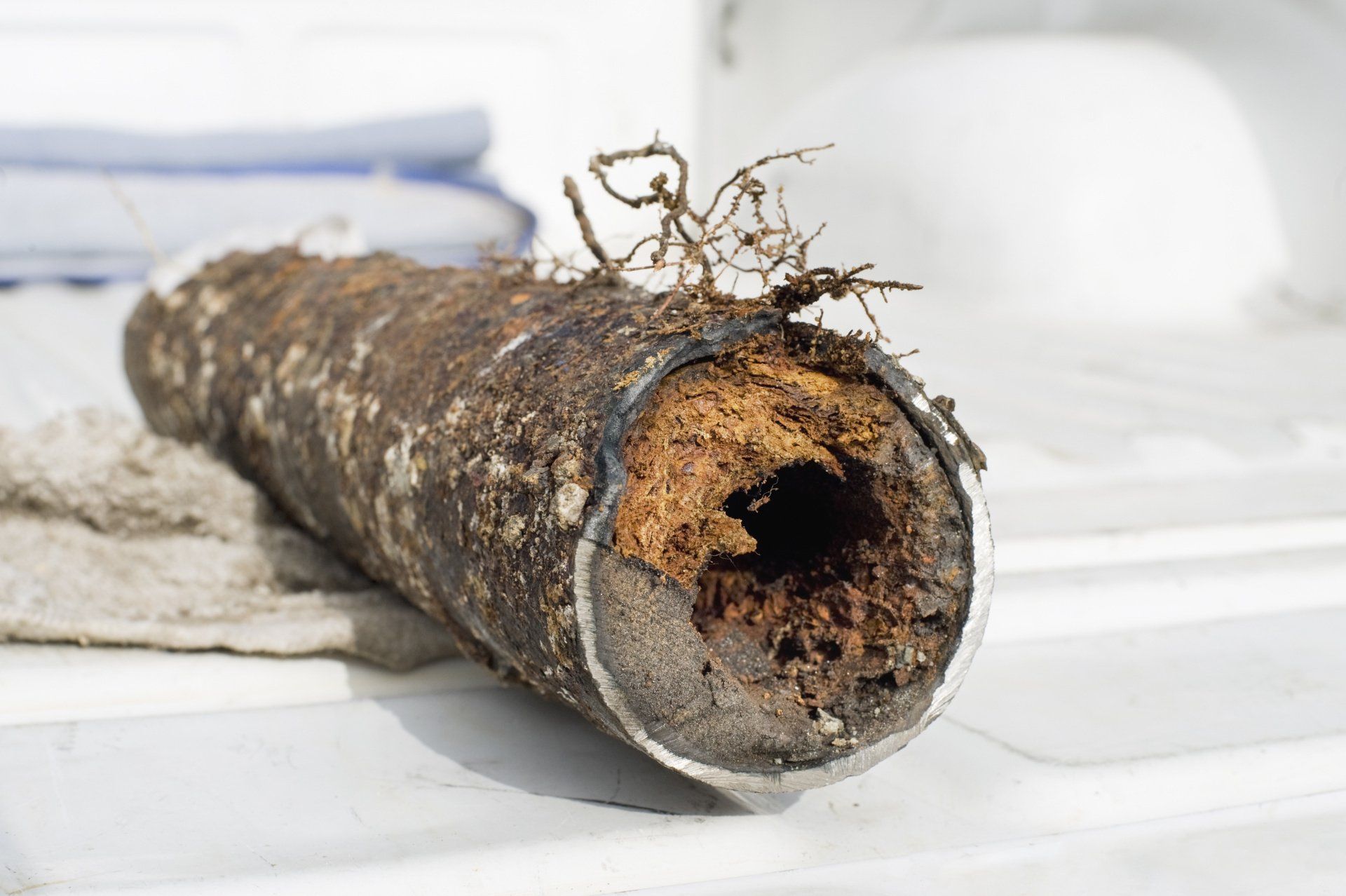 Rusty, decayed wooden log with a hollow end on a white surface