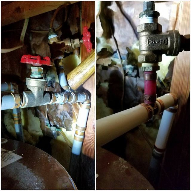 Two close-up views of plumbing pipes and shutoff valves under a sink, with red and brass fittings.