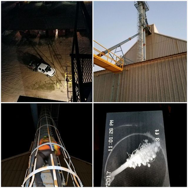 Four-panel industrial rescue scene: a white car, silo tower, climber on a rope, and X-ray of a hand injury