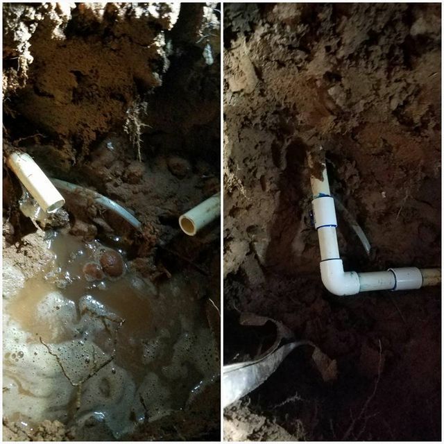 Two side-by-side photos of a muddy excavation showing exposed PVC plumbing pipes in a trench.