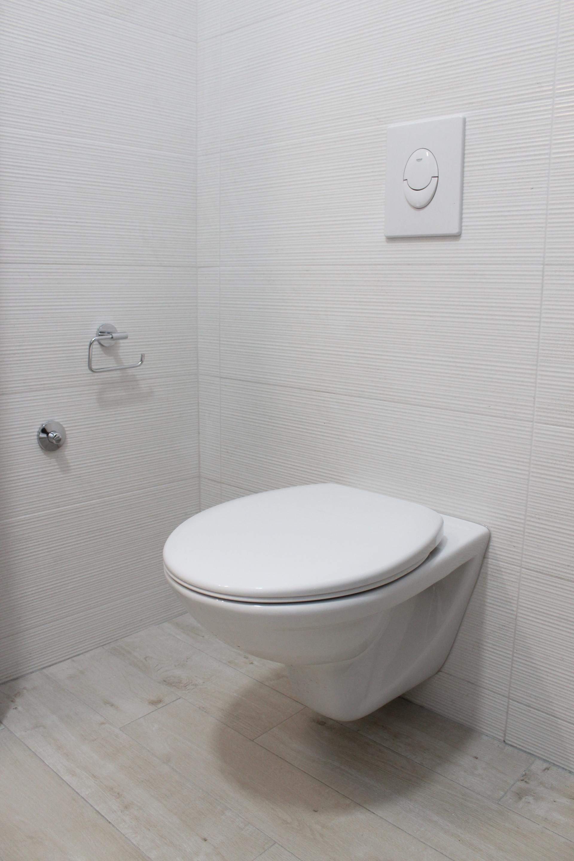 Small white bathroom with a wall-mounted toilet and flush plate on textured tile walls.