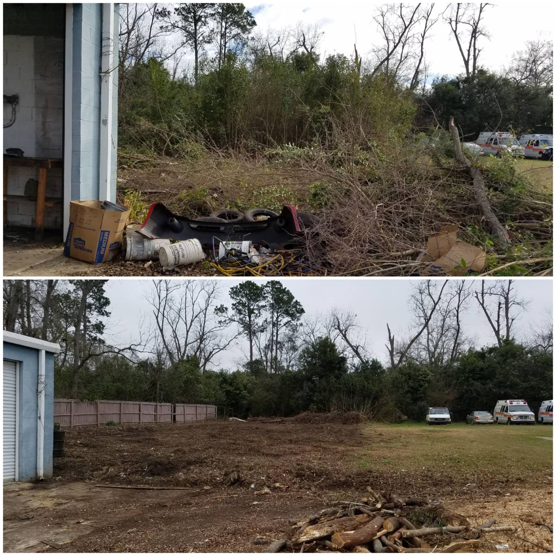 Before-and-after view of a cleared overgrown yard beside a house, with brush piles and open dirt.