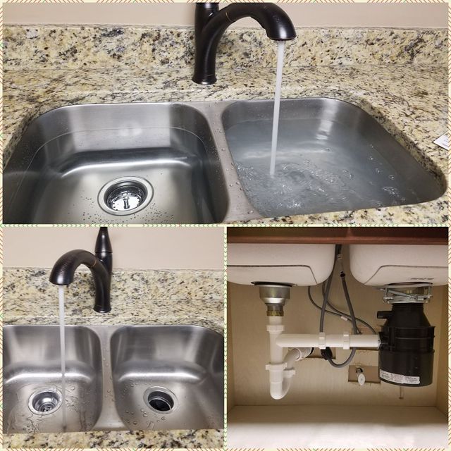 Stainless steel double kitchen sink with black faucet and under-sink plumbing shown in a four-panel collage