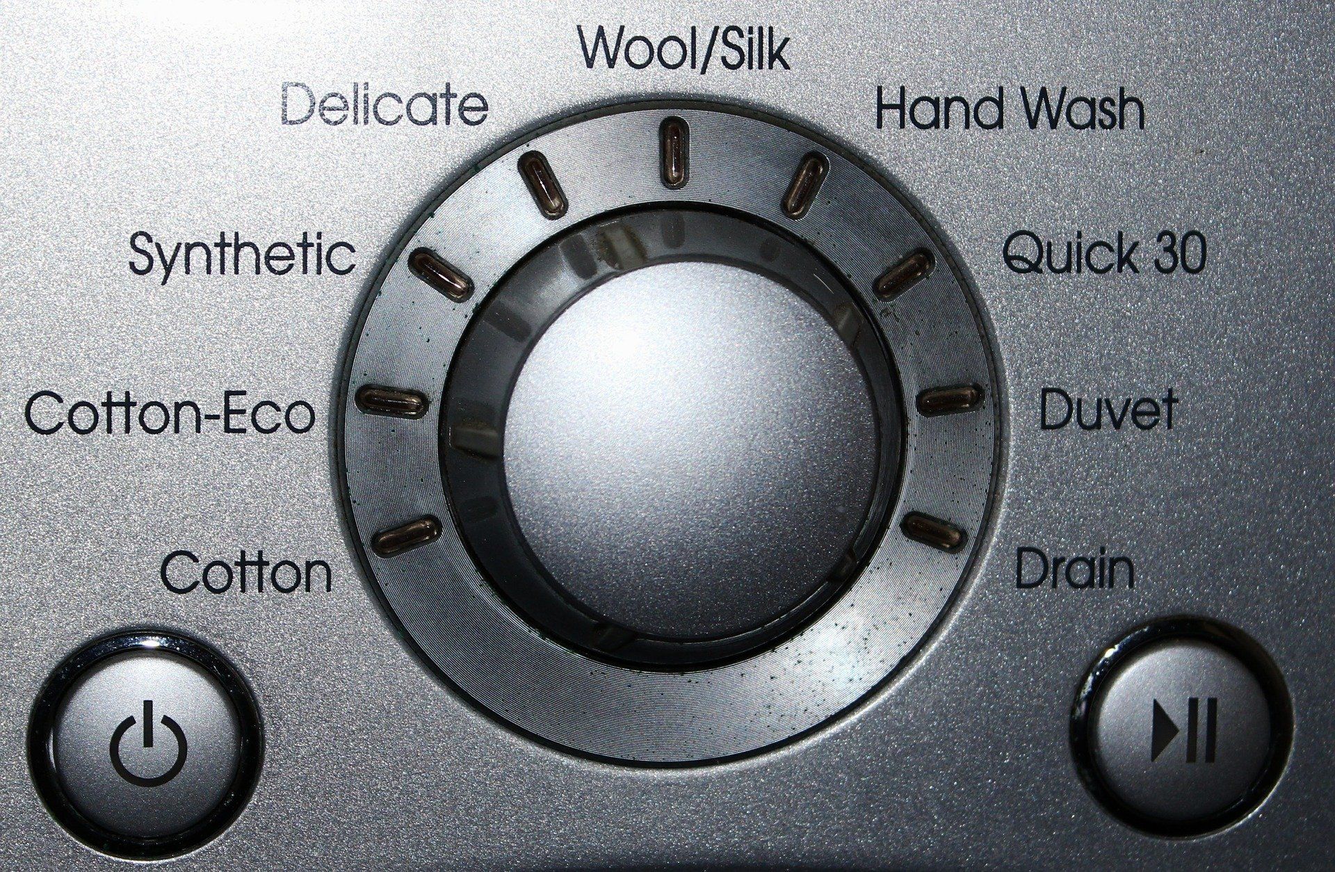 Close-up of a washing machine dial with cycle labels and start/power buttons.