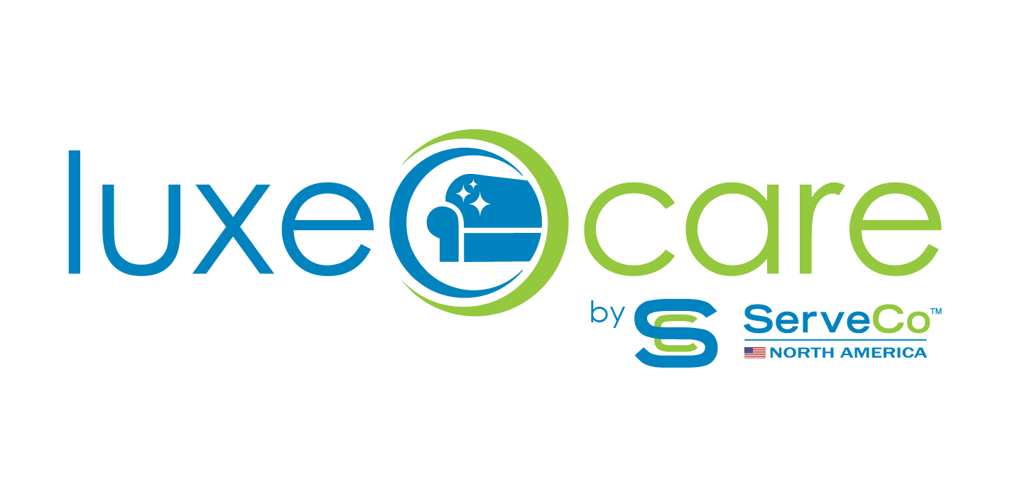 The logo for luxe care by serveco is blue and green.