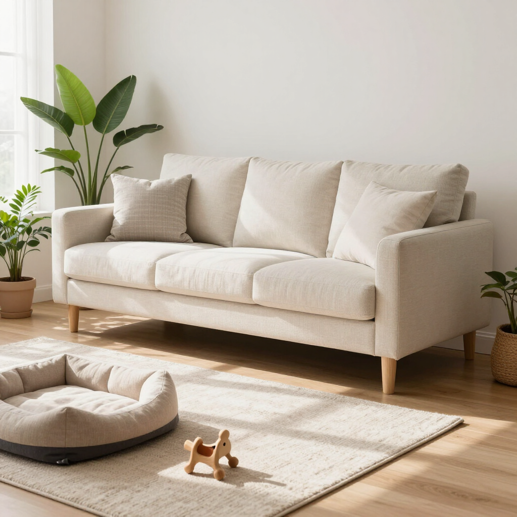 Bright living room with beige sofa, rug, pet bed, and houseplants in soft sunlight