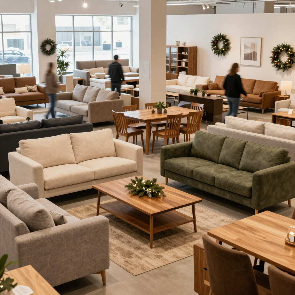 Furniture showroom with sofas, coffee tables, and decor in a bright open space