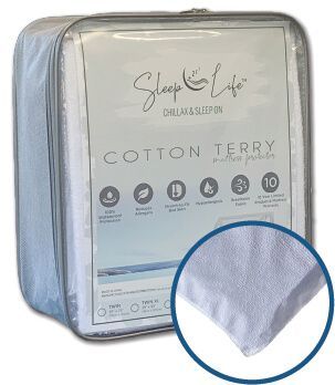 A white cotton terry mattress protector is in a plastic bag.