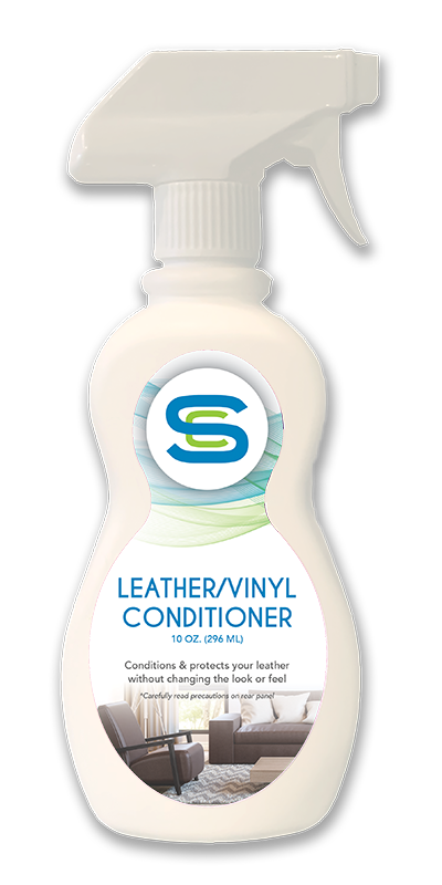 A bottle of leather vinyl conditioner with a picture of a couch on the label.