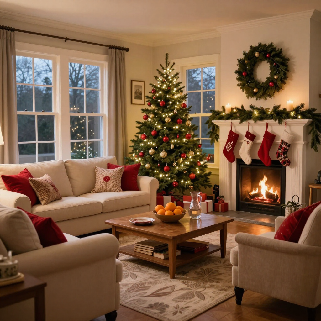 Cozy living room with a lit Christmas tree, fireplace, stockings, and holiday decorations