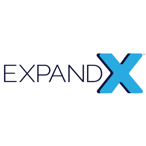 A blue expand x logo on a white background