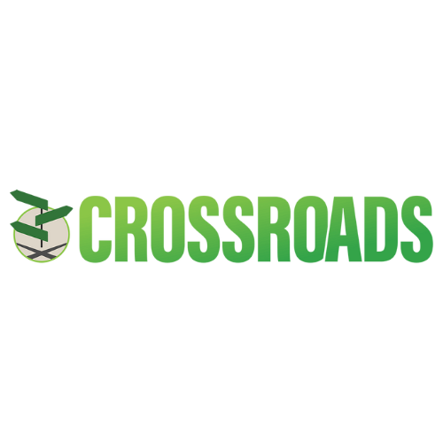 A green logo for crossroads with a plane on it