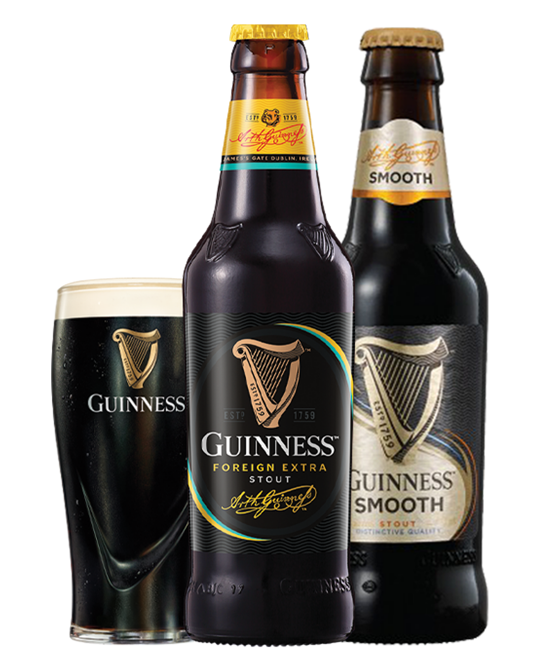 Two bottles of guinness and a glass of guinness