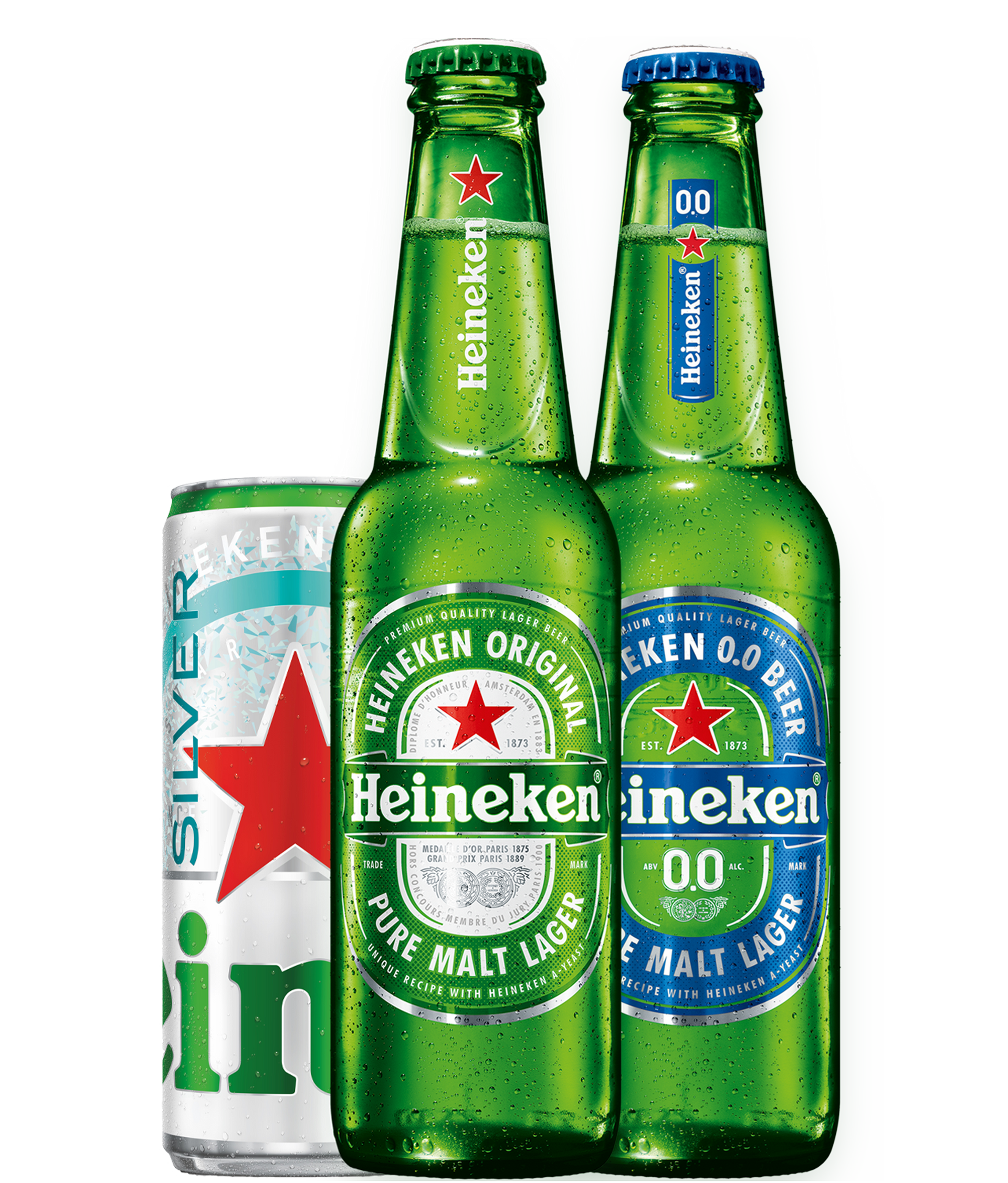 Two bottles of heineken next to a can of heineken