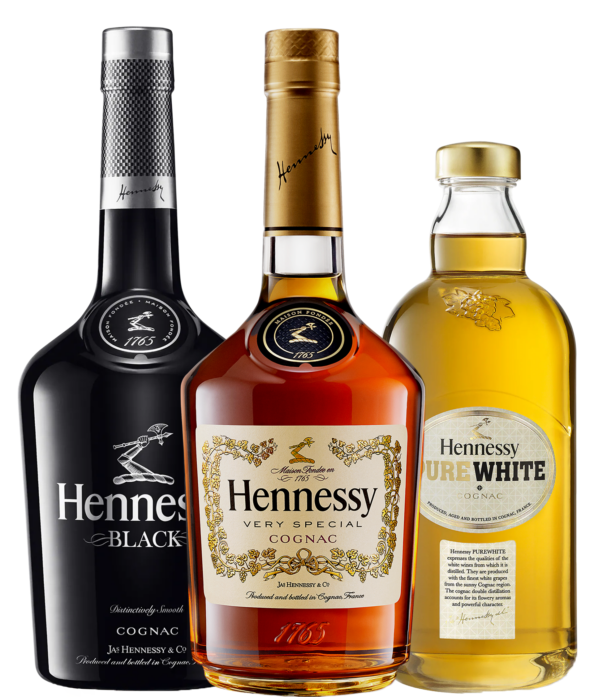 Three bottles of hennessy are sitting next to each other on a white background.
