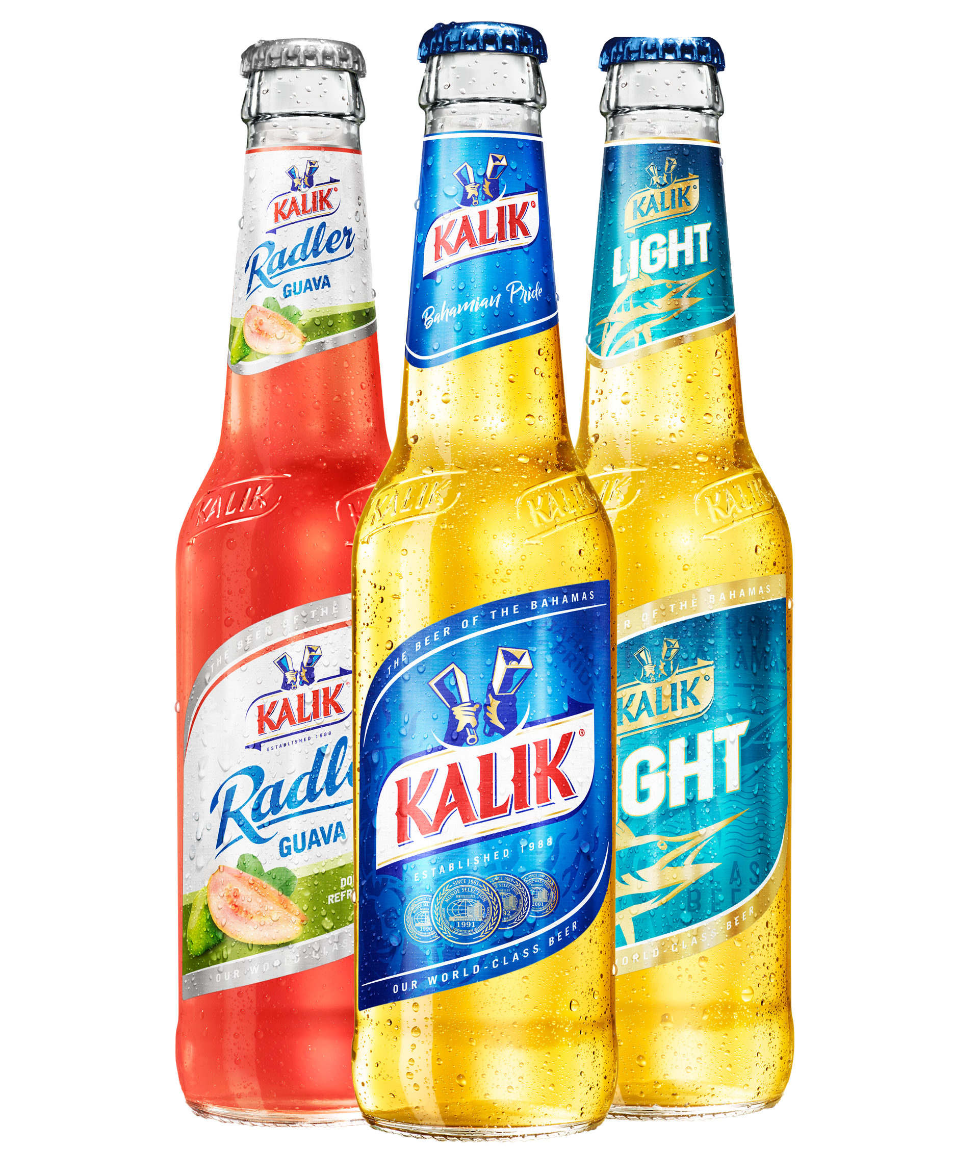 Three bottles of kalik beer are sitting next to each other on a white background.