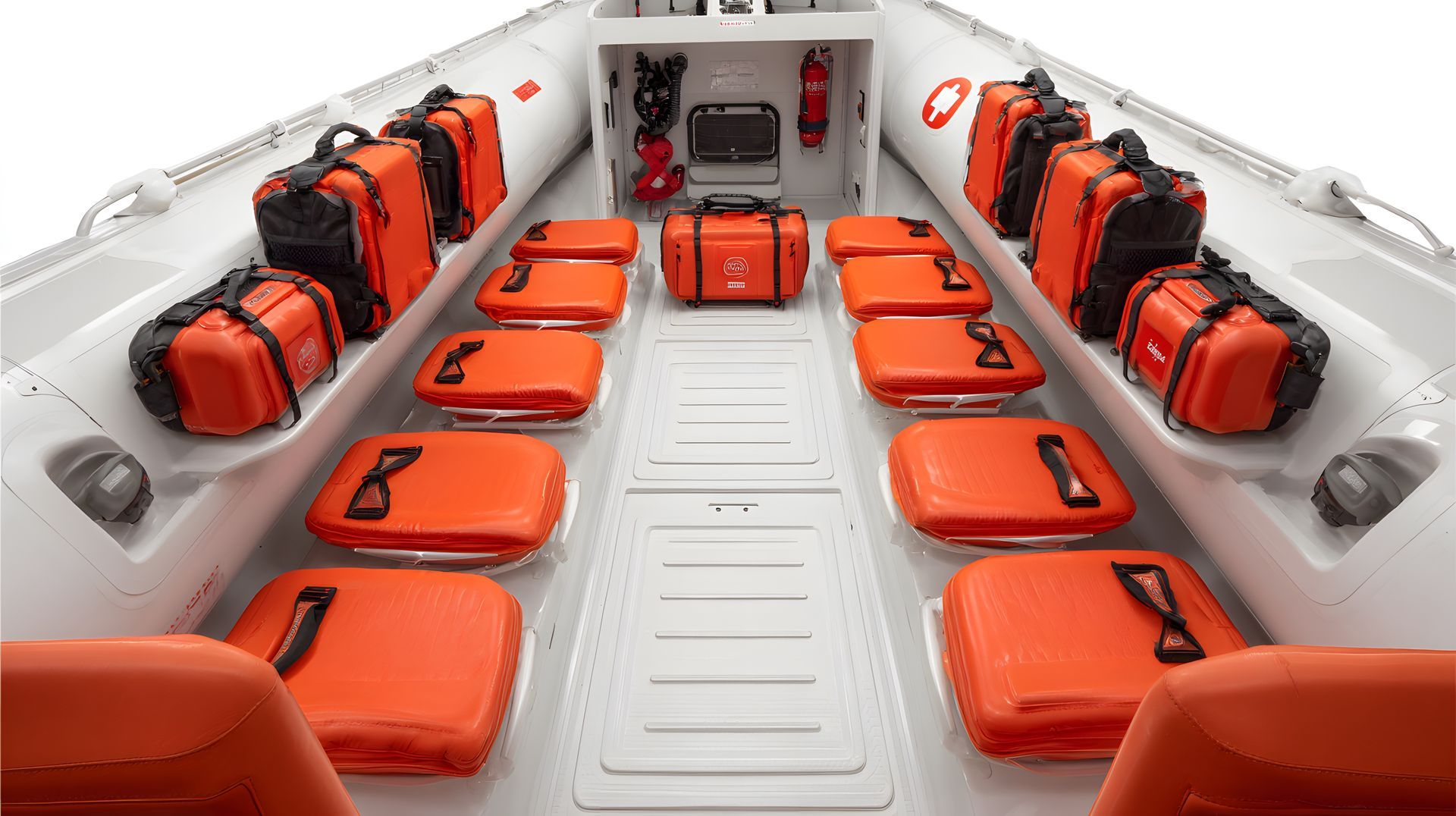 White boat cabin with orange life vests and orange floor cushions arranged in rows