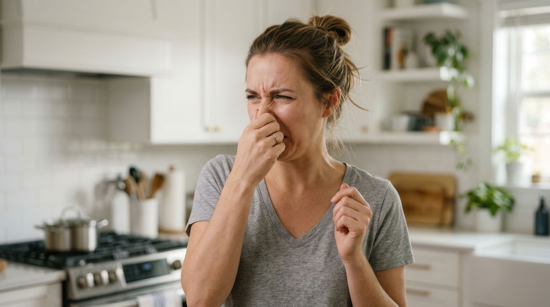 Woman in a kitchen holding her nose, reacting to a bad smell near a pot on the stove.
