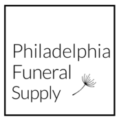 Philadelphia Funeral Supply logo with black text and a small flower inside a square border