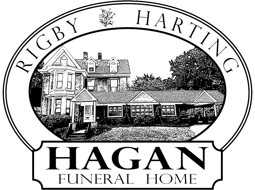 Rigby Harting Hagan Funeral Home logo with illustrated building in black and white
