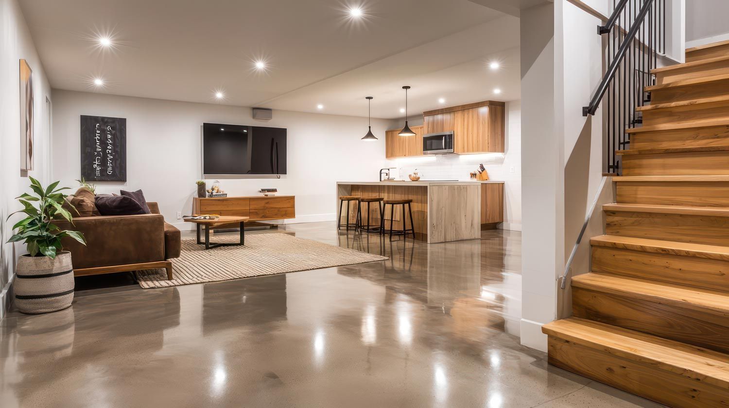 Modern open-concept living room with kitchen, sofa, TV, and wooden staircase on the right