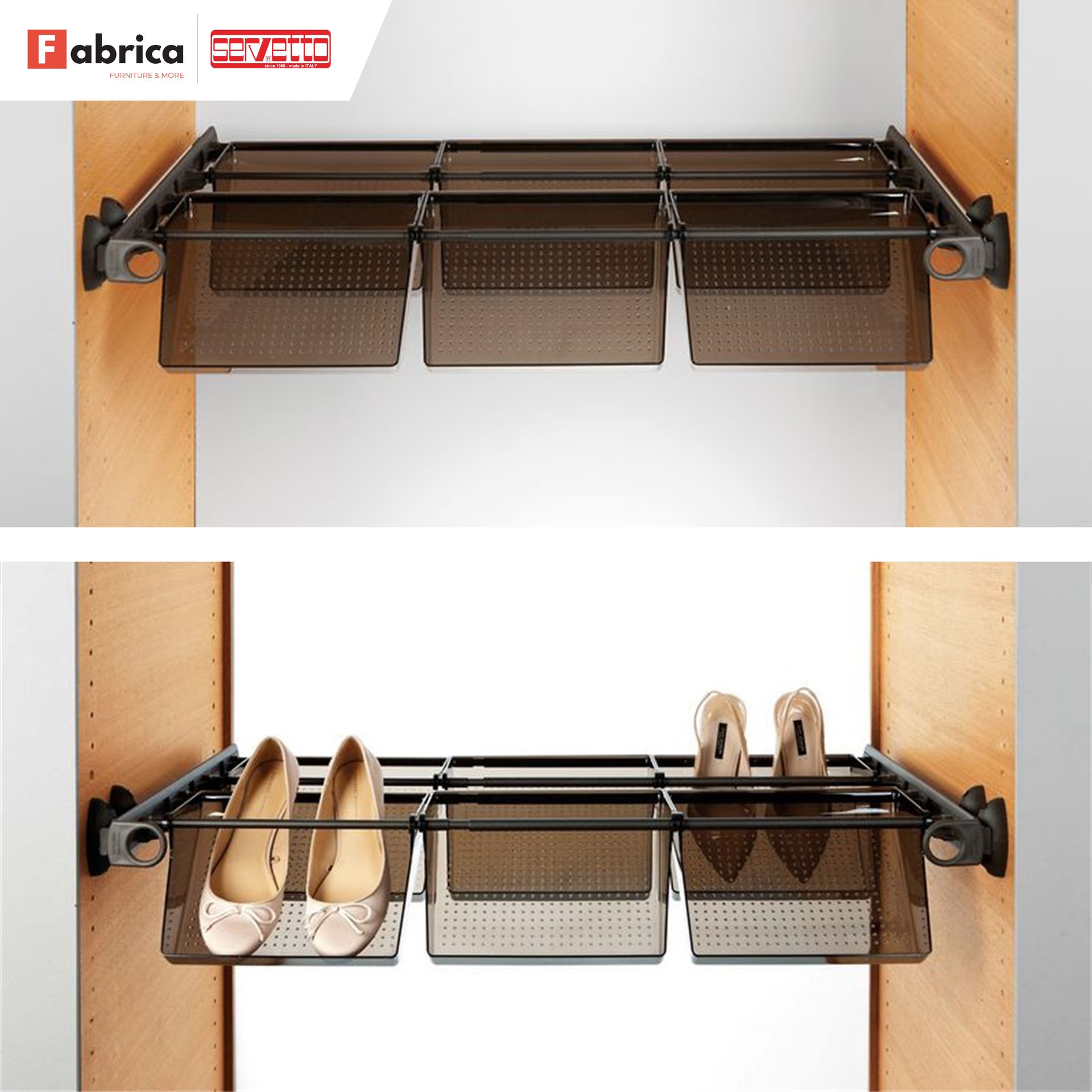 A pair of shoes are sitting on a fabrica shoe rack